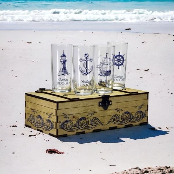 Ahşap Kutulu Denizcilere Özel 4'lü Rakı Bardak Set