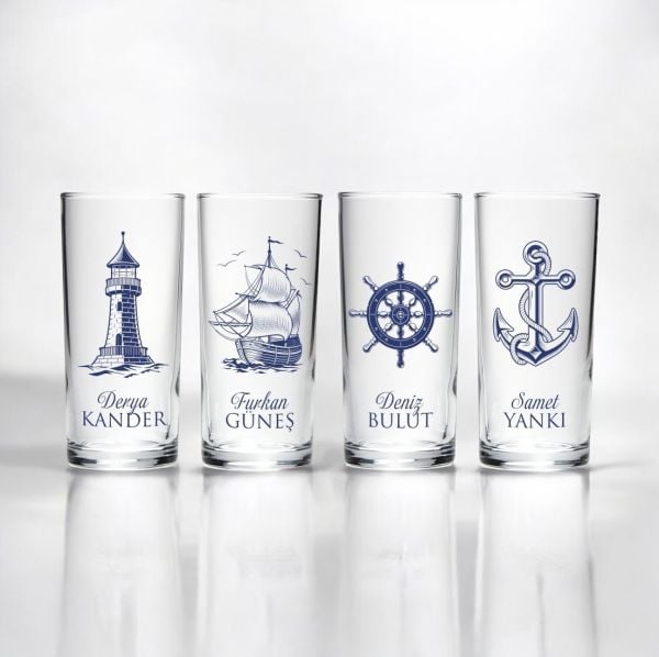 Ahşap Kutulu Denizcilere Özel 4'lü Rakı Bardak Set