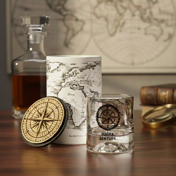 Dünya Haritası ve Pusula Kişiye Özel Paşabahçe Viski Bardağı ve Bardak Altlığı