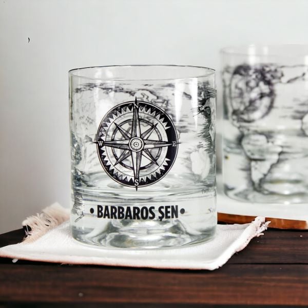 Dünya Haritası ve Pusula Kişiye Özel Paşabahçe Viski Bardağı