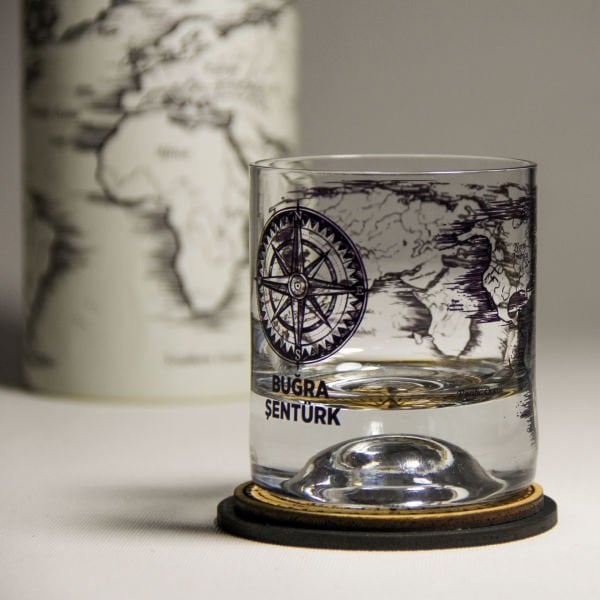 Dünya Haritası ve Pusula Kişiye Özel Paşabahçe Viski Bardağı