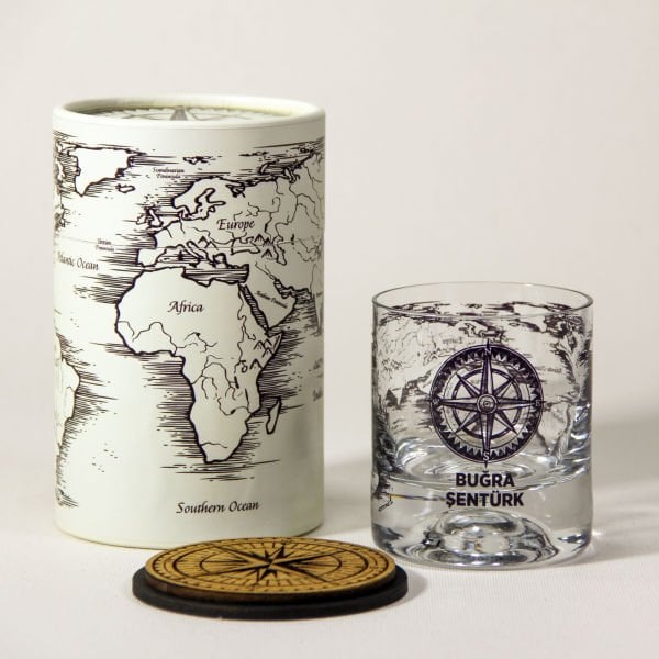 Dünya Haritası ve Pusula Kişiye Özel Paşabahçe Viski Bardağı