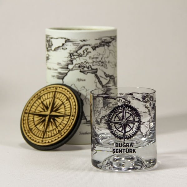 Dünya Haritası ve Pusula Kişiye Özel Paşabahçe Viski Bardağı