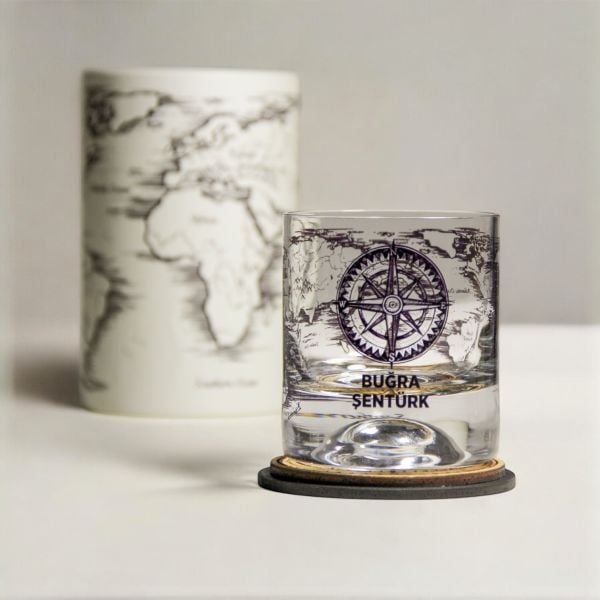 Dünya Haritası ve Pusula Kişiye Özel Paşabahçe Viski Bardağı ve Bardak Altlığı