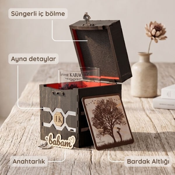 Gölgen Yeter Babam Ahşap Kutulu Kişiye Özel Viski Bardağı