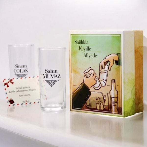 Hediyelik Kutulu İsim Baskılı İkili Rakı Bardağı