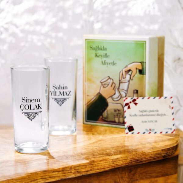 Hediyelik Kutulu İsim Baskılı İkili Rakı Bardağı