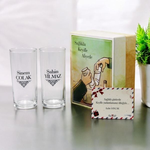 Hediyelik Kutulu İsim Baskılı İkili Rakı Bardağı