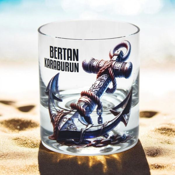 Retro Çıpa Baskılı Hediyelik Silindir Kutulu İsimli Baskılı Viski Bardağı