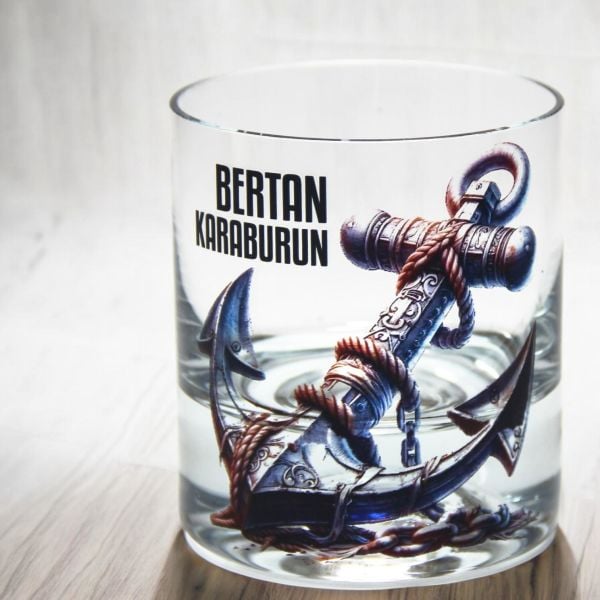 Retro Çıpa Baskılı Hediyelik Silindir Kutulu İsimli Baskılı Viski Bardağı