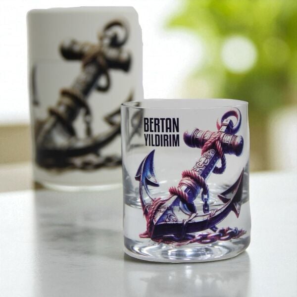 Retro Çıpa Baskılı Hediyelik Silindir Kutulu İsimli Baskılı Viski Bardağı