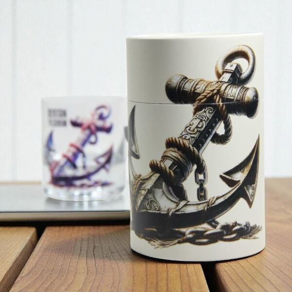 Retro Çıpa Baskılı Hediyelik Silindir Kutulu İsimli Baskılı Viski Bardağı