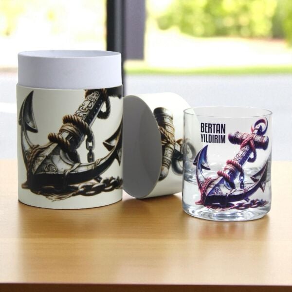 Retro Çıpa Baskılı Hediyelik Silindir Kutulu İsimli Baskılı Viski Bardağı