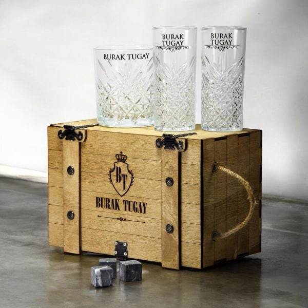 Angle Ahşap Kutulu Paşabahçe Viski ve Rakı Bardak Set