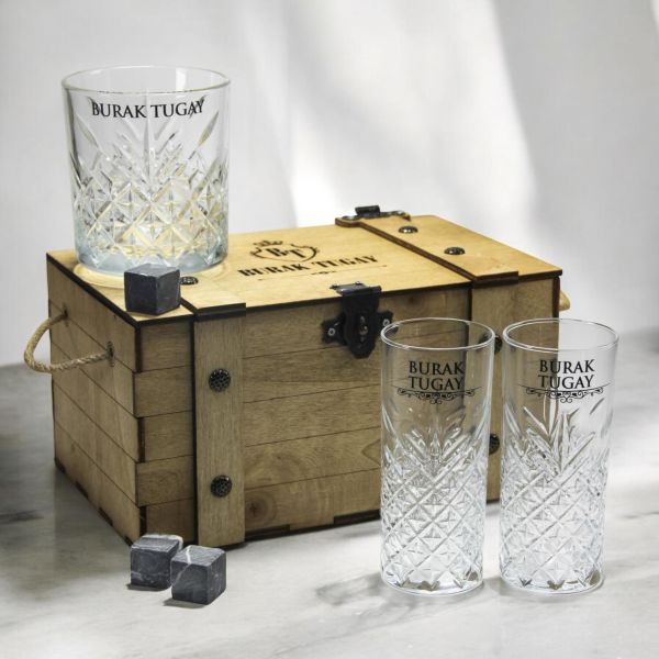 Angle Ahşap Kutulu Paşabahçe Viski ve Rakı Bardak Set