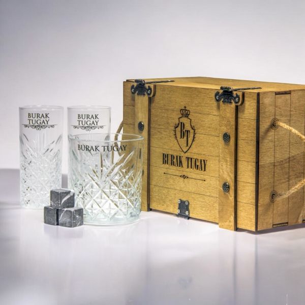 Angle Ahşap Kutulu Paşabahçe Viski ve Rakı Bardak Set